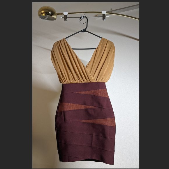 WOW Couture Beige and Wine Mini Wrapped Bandage Bodycon Dress Size S HP 10/17 - Picture 2 of 6